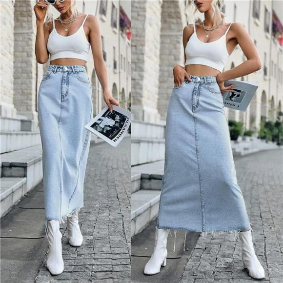 Women's Trendy Long Denim Blue Jeans Skirt High Waisted Stretchy A-Line Raw Hem - Picture 4 of 5